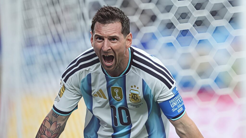 Lionel Messi celebrates one of his two goals for Argentina against Austria during the 2026 FIFA World Cup match at Dallas Stadium
