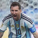 Lionel Messi celebrates one of his two goals for Argentina against Austria during the 2026 FIFA World Cup match at Dallas Stadium