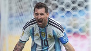 Lionel Messi celebrates one of his two goals for Argentina against Austria during the 2026 FIFA World Cup match at Dallas Stadium