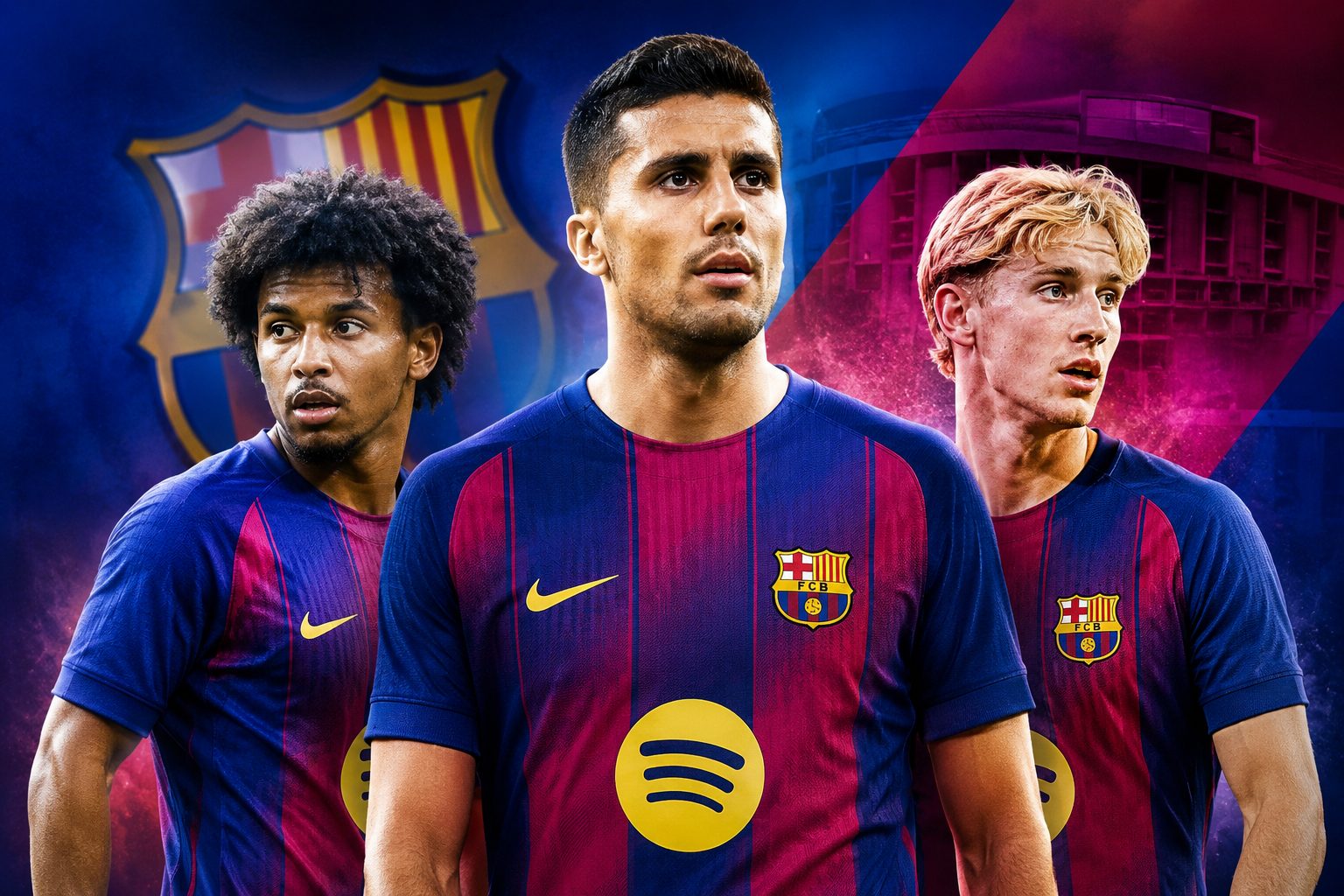 Rodri, Anthony Gordon and Karim Adeyemi in Barcelona kits ahead of the 2026/27 season
