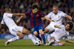 Lionel Messi dribbling past multiple defenders in a Barcelona shirt as two opponents fall during a match.
