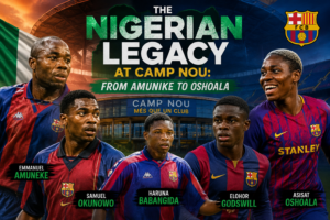 Nigerian players who played for Barcelona including Emmanuel Amunike, Samuel Okunowo, Haruna Babangida, Godswill and Asisat Oshoala