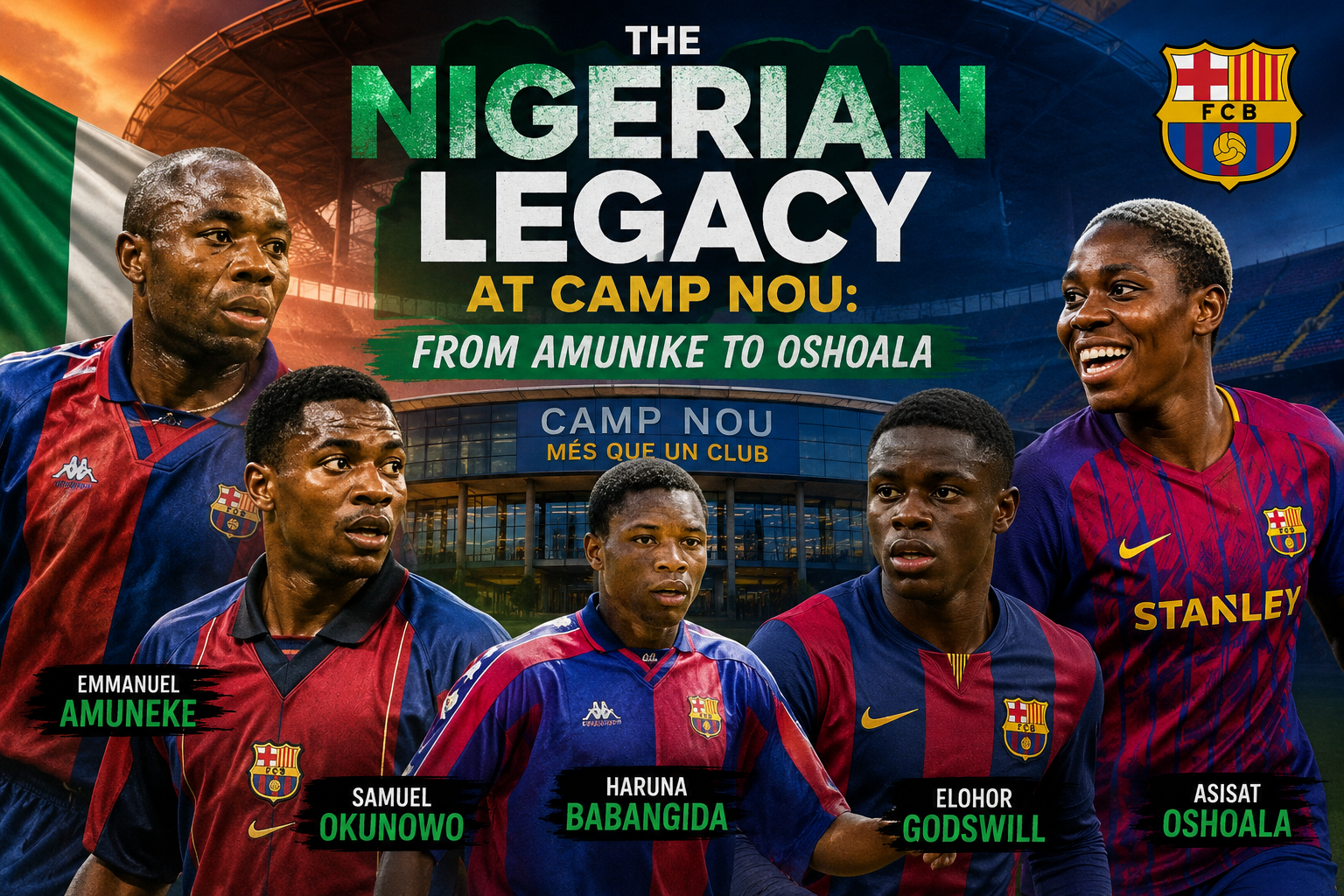 Nigerian players who played for Barcelona including Emmanuel Amunike, Samuel Okunowo, Haruna Babangida, Godswill and Asisat Oshoala