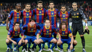 Andrés Iniesta with Barcelona’s 2011 Champions League winning squad