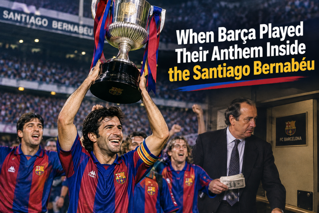 Barcelona players celebrate their 1997 Copa del Rey victory as the Barça anthem reportedly plays inside the Santiago Bernabéu.
