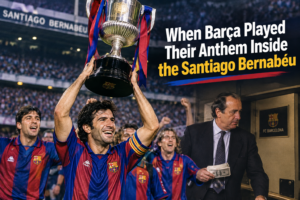 Barcelona players celebrate their 1997 Copa del Rey victory as the Barça anthem reportedly plays inside the Santiago Bernabéu.