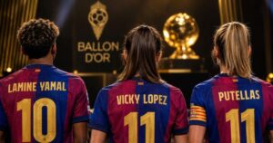 Alexia Putellas, Lamine Yamal and Vicky López seen from behind, facing the Ballon d’Or stage